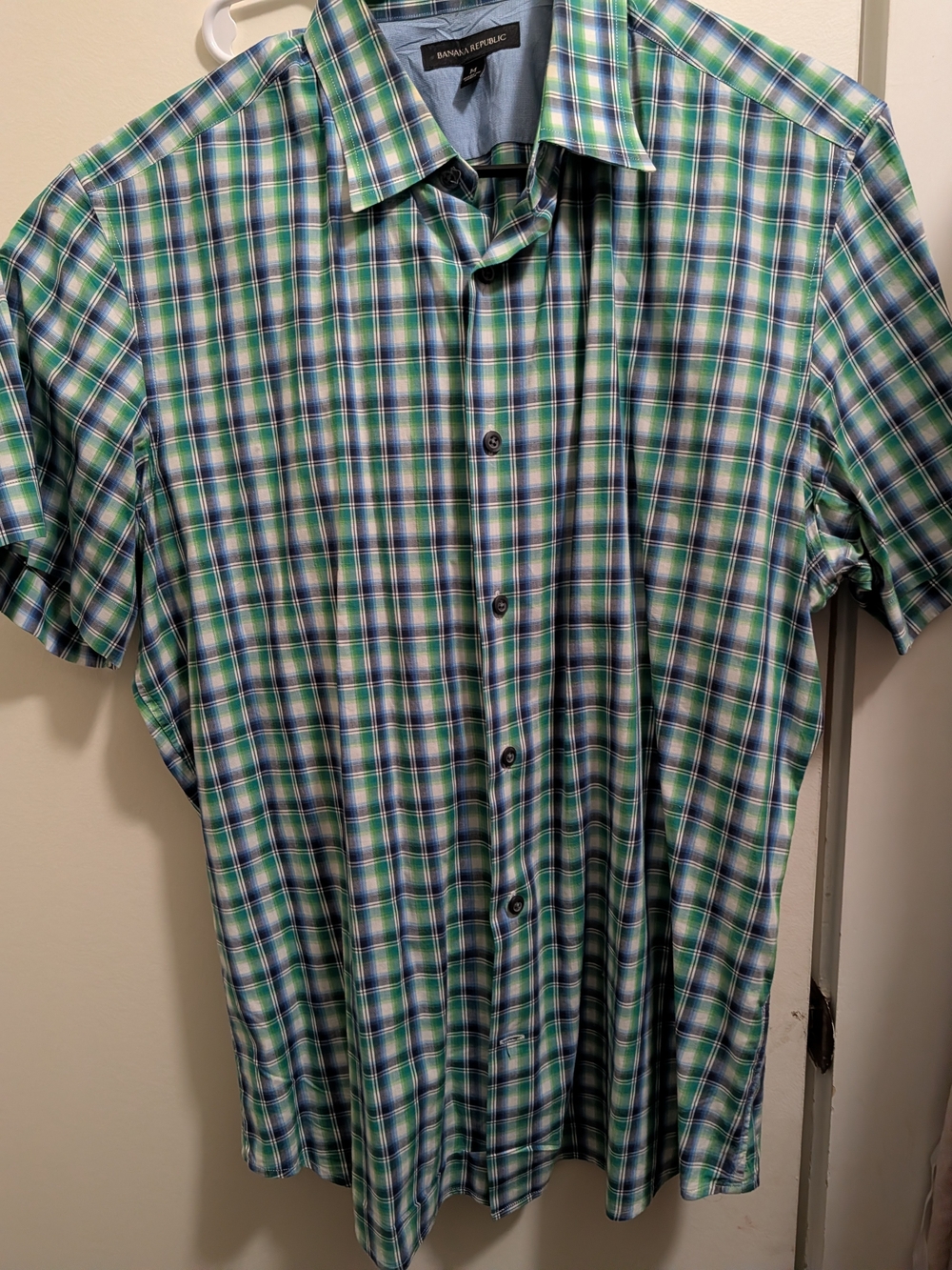 Banana Republic Green and Blue Plaid Short-Sleeve Button-Down Shirt
